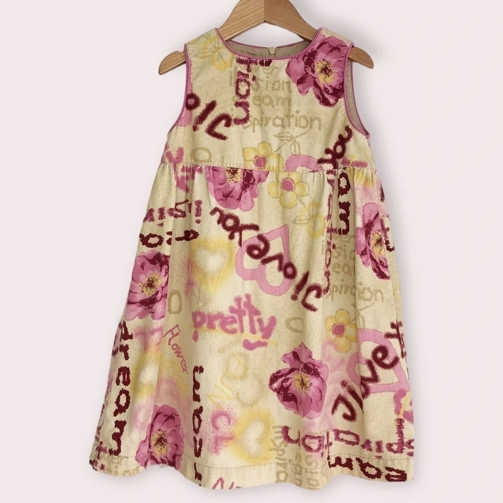 Zara dress sleeveless tan corduroy with purple flowers size 5‎ years